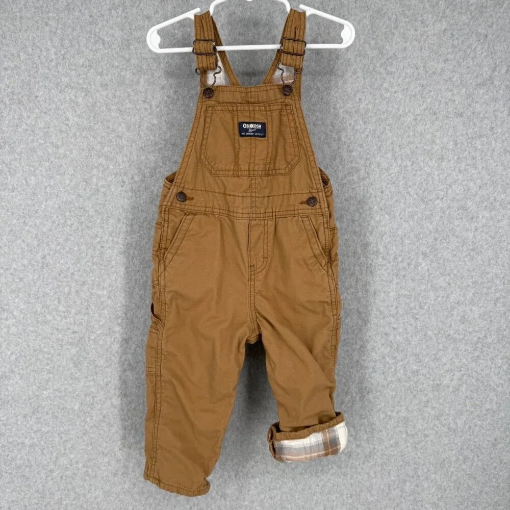 OshKosh Bgosh Boys Lightweight Canvas Overalls Size 24M Khaki Plaid Contrast EUC